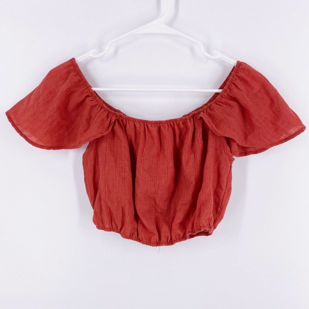 Mocking Jay Women’s Flutter Sleeve Off The Shoulder Red Orange Crop Top Medium